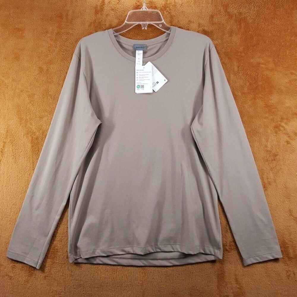 HANRO Shirt Mens Small Tan Pullover Crew Long Sleeve Cotton LIVING